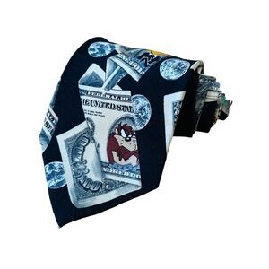 Vintage 1997 Looney Tunes 100% Silk Neck Tie Dollar Bills Bugs Taz Melvin Tweety